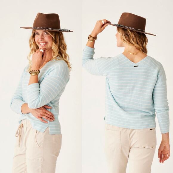 Carve Designs Zella Merino Wool Stripe 3/4 Sleeve V Neck Sweater Ice Stripe - S - Picture 1 of 7